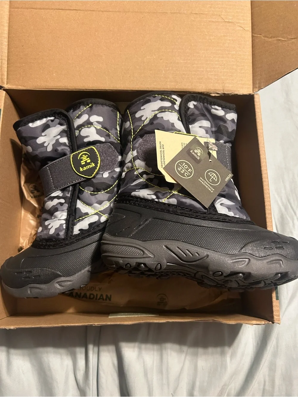 Kids Winter Boots with Gray Camo and Neon Yellow Accents